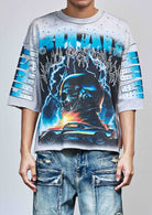 Men's light grey rhinestone 3/4 sleeve cropped terry tee