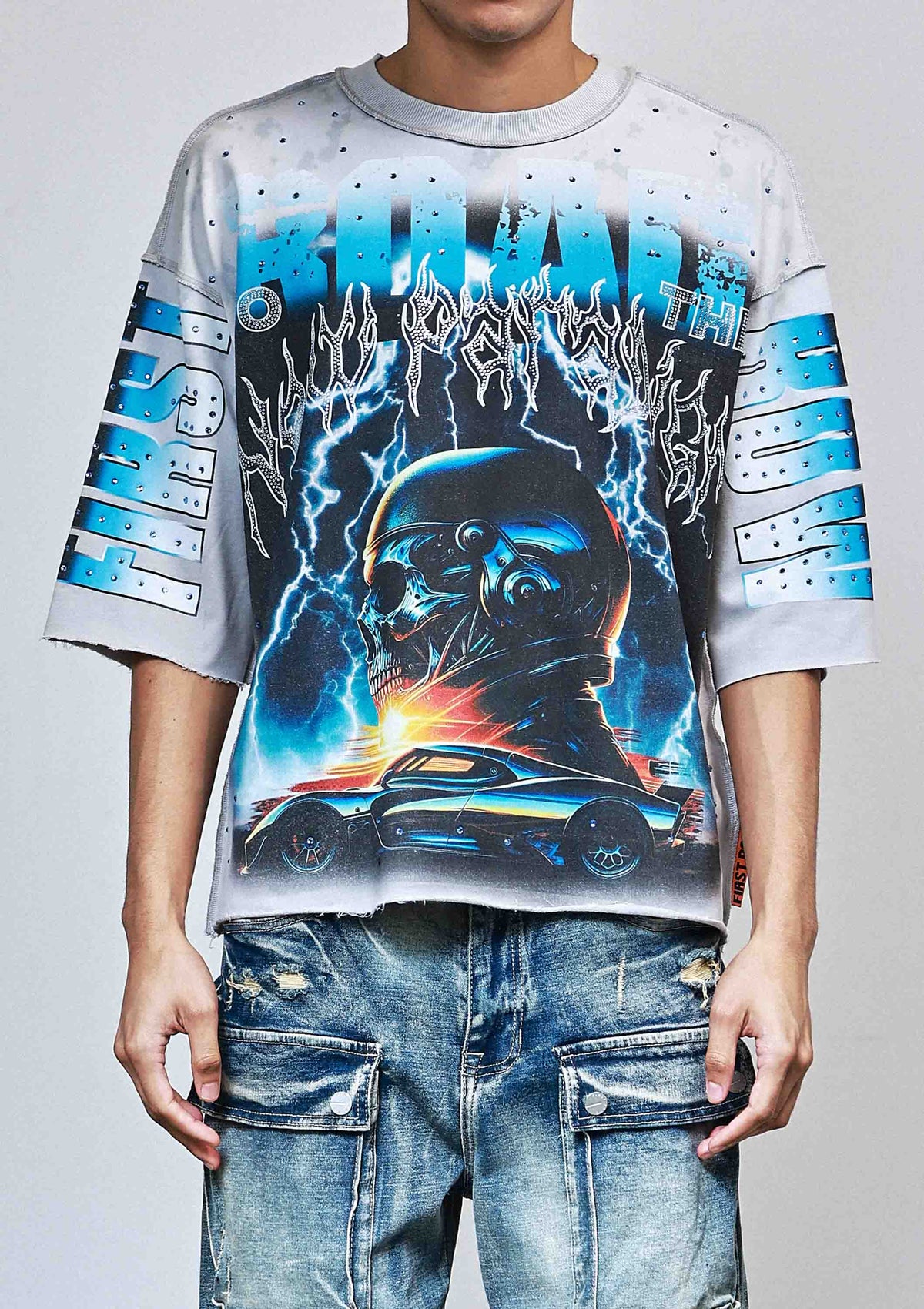 Men's light grey rhinestone 3/4 sleeve cropped terry tee