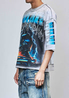 Men's light grey rhinestone 3/4 sleeve cropped terry tee