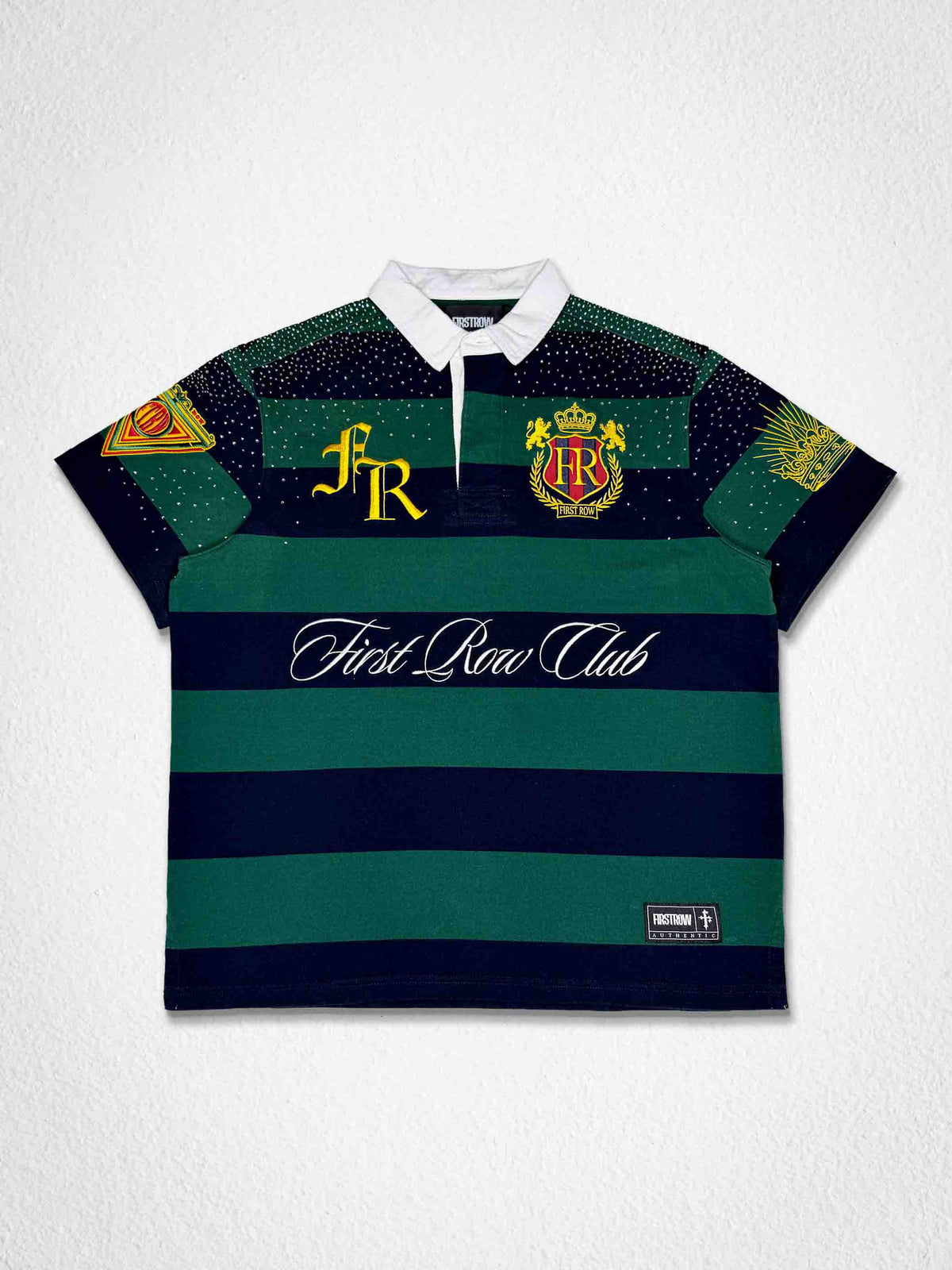 Men's hunter green washed club polo with rhinestone appliqué and embroidery