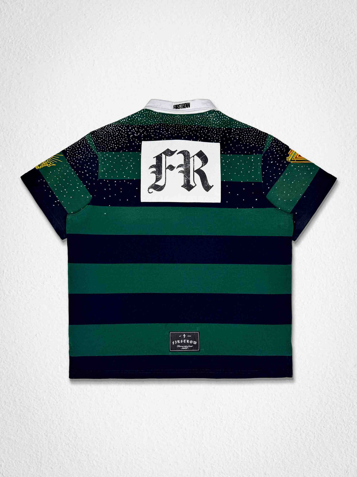 Men's hunter green washed club polo with rhinestone appliqué and embroidery