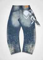 Men's medium stone barrel fit jeans with rhinestone and scarf detail