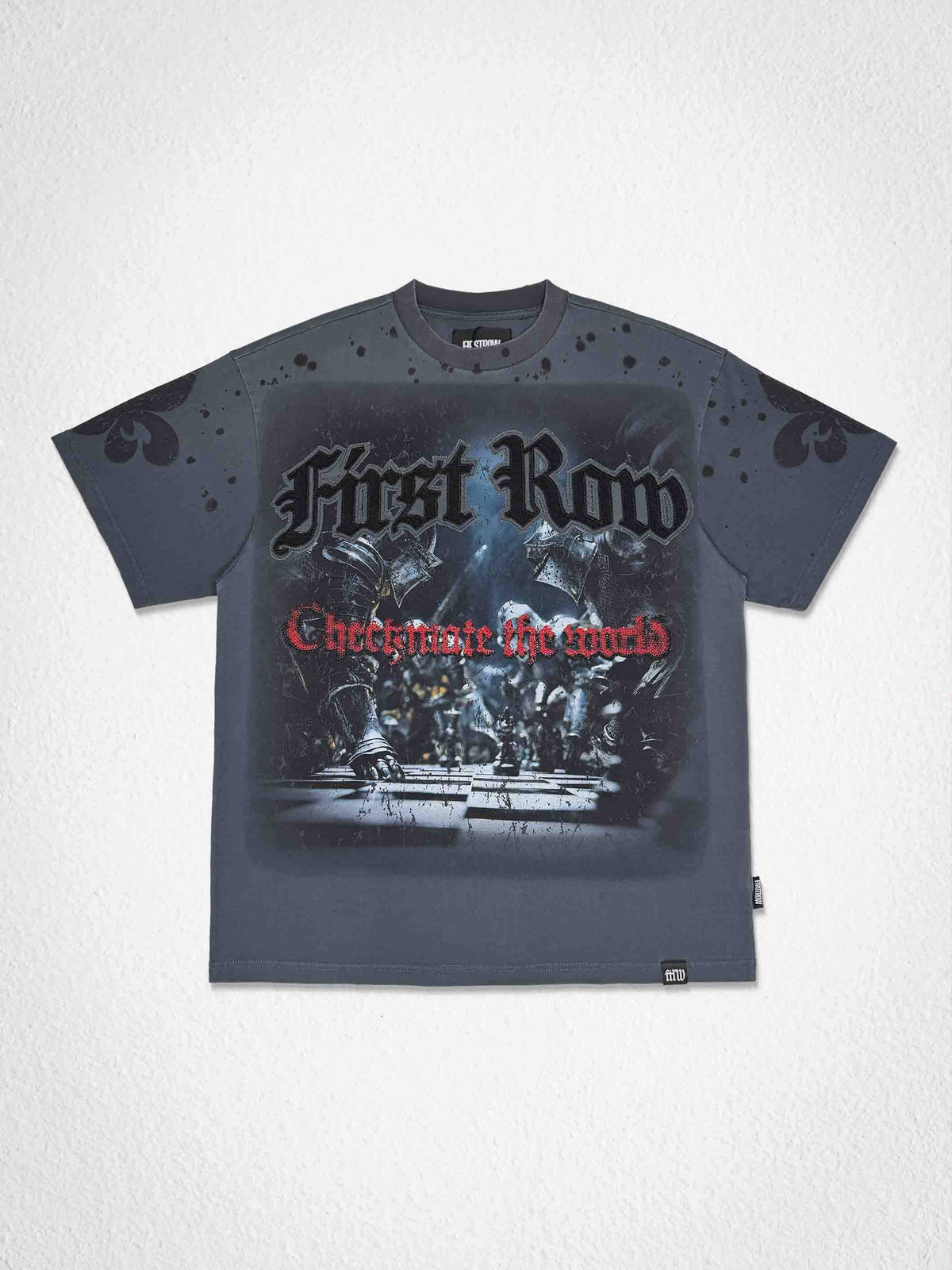 Men's dark grey washed graphic tee with rhinestone chess checkmate design