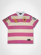 Men's pink washed club polo with rhinestone floral appliqué and embroidery