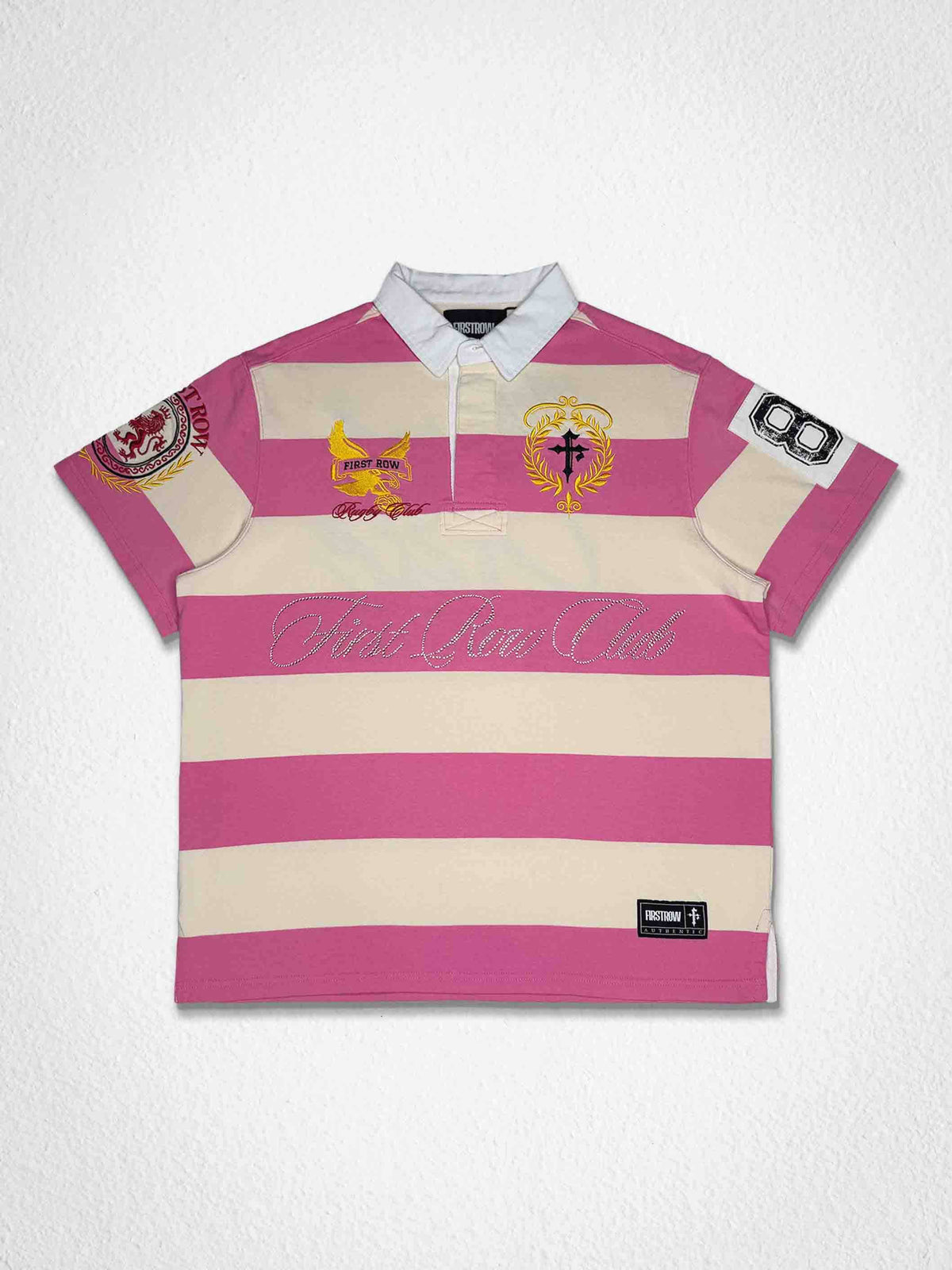 Men's pink washed club polo with rhinestone floral appliqué and embroidery