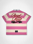 Men's pink washed club polo with rhinestone floral appliqué and embroidery