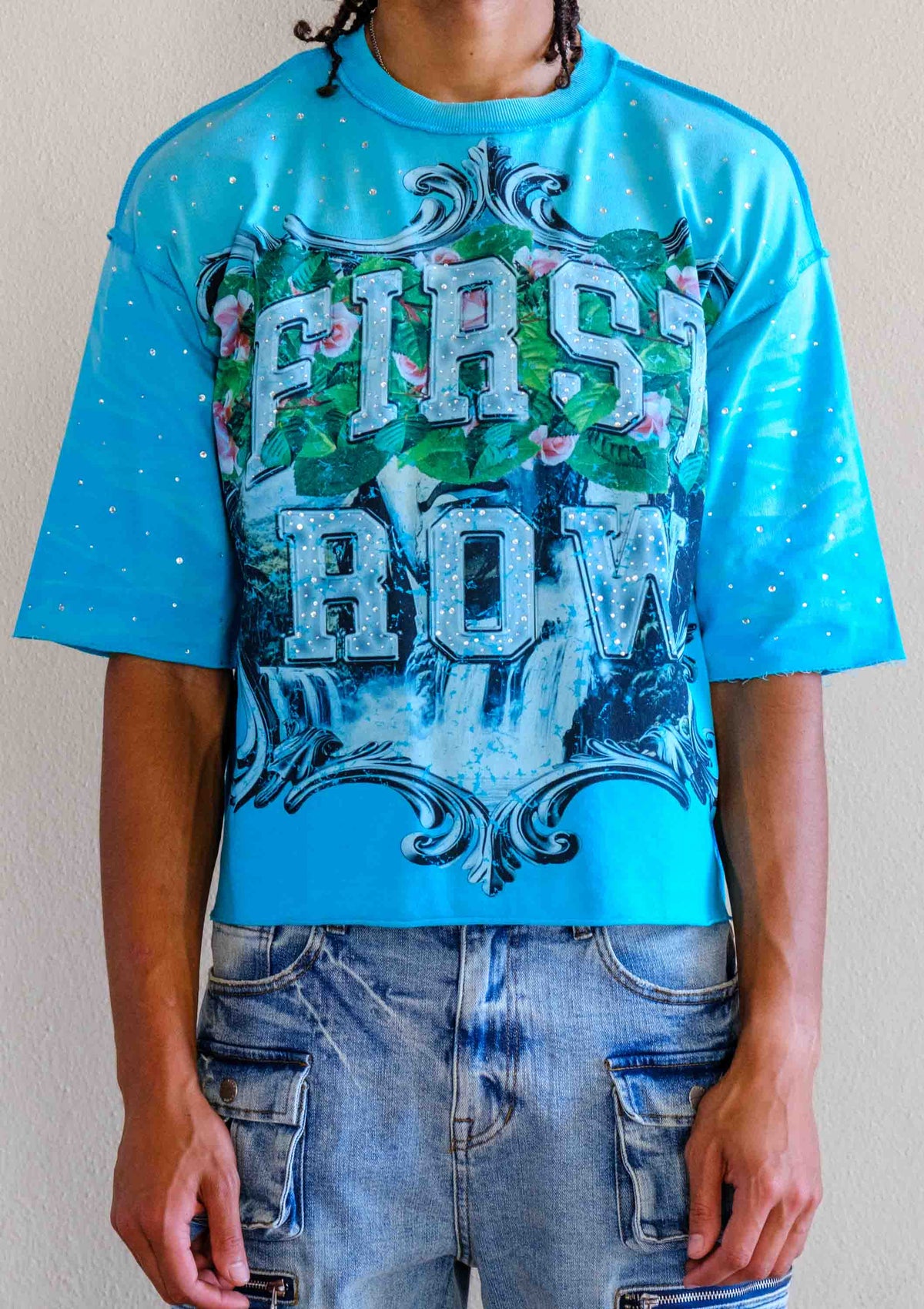 Men's teal blue cropped terry tee with rhinestone frame graphic