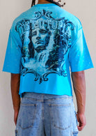 Men's teal blue cropped terry tee with rhinestone frame graphic