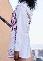 Men's white washed cotton zip-up hoodie with rhinestone stone graphic and drawstring hood