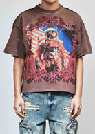 Men's caffe brown cropped terry tee with rhinestone hem and studs