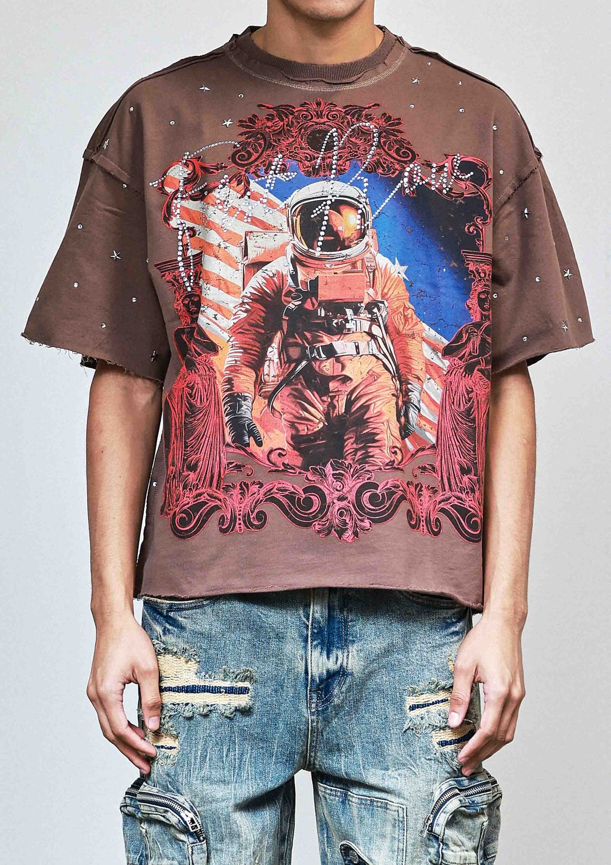 Men's caffe brown cropped terry tee with rhinestone hem and studs