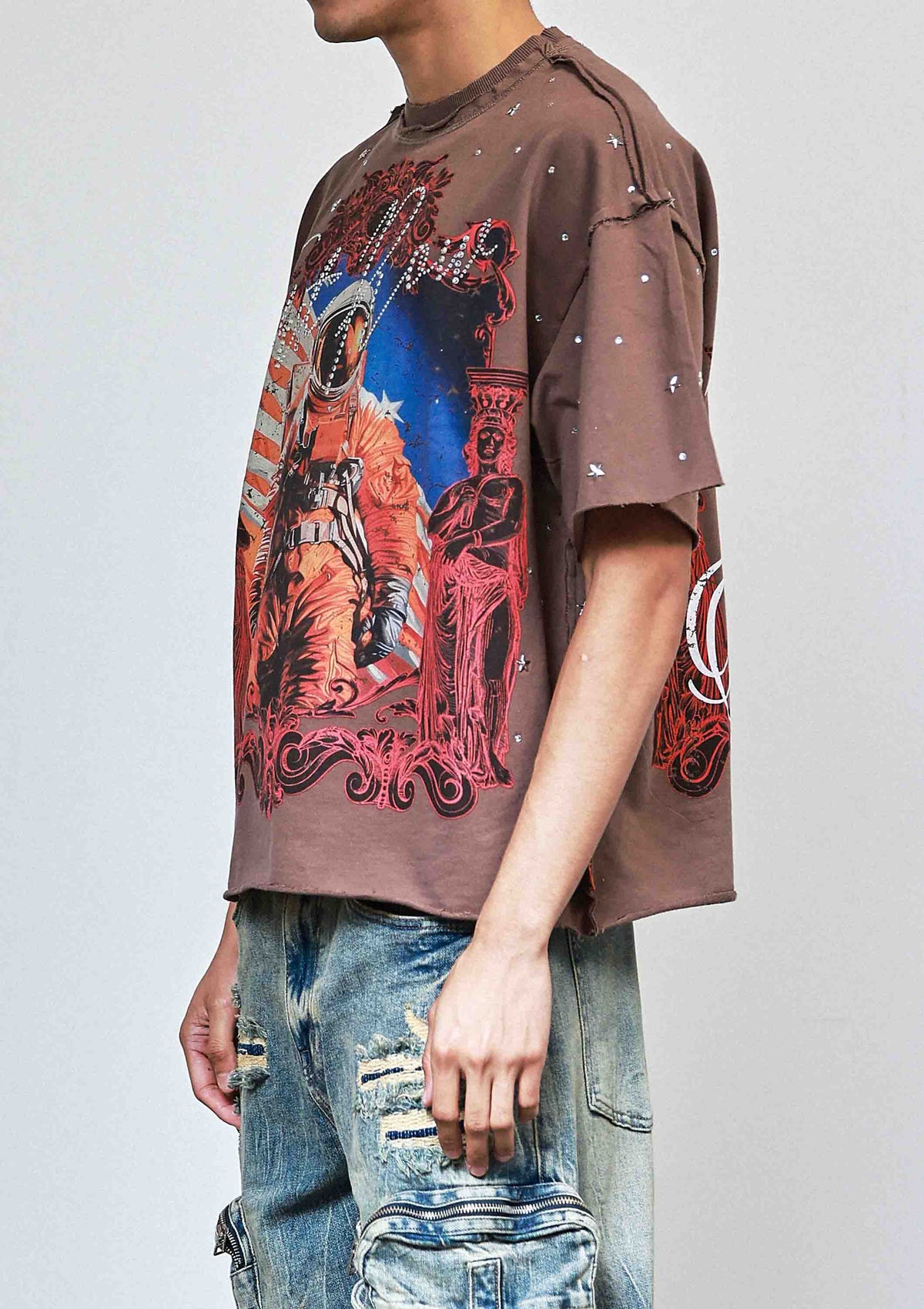 Men's caffe brown cropped terry tee with rhinestone hem and studs