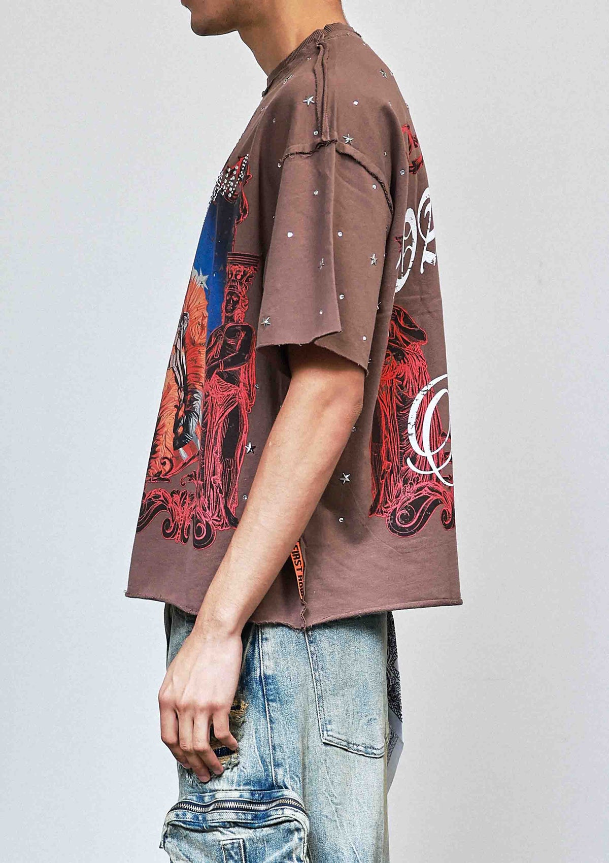 Men's caffe brown cropped terry tee with rhinestone hem and studs
