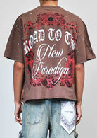 Men's caffe brown cropped terry tee with rhinestone hem and studs