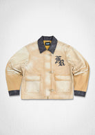 Men's wheat cotton canvas workwear jacket with rhinestone and leather applique details