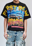 Men's black rhinestone cropped terry tee with raw edge hem