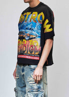 Men's black rhinestone cropped terry tee with raw edge hem