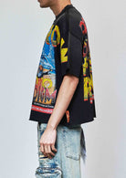 Men's black rhinestone cropped terry tee with raw edge hem