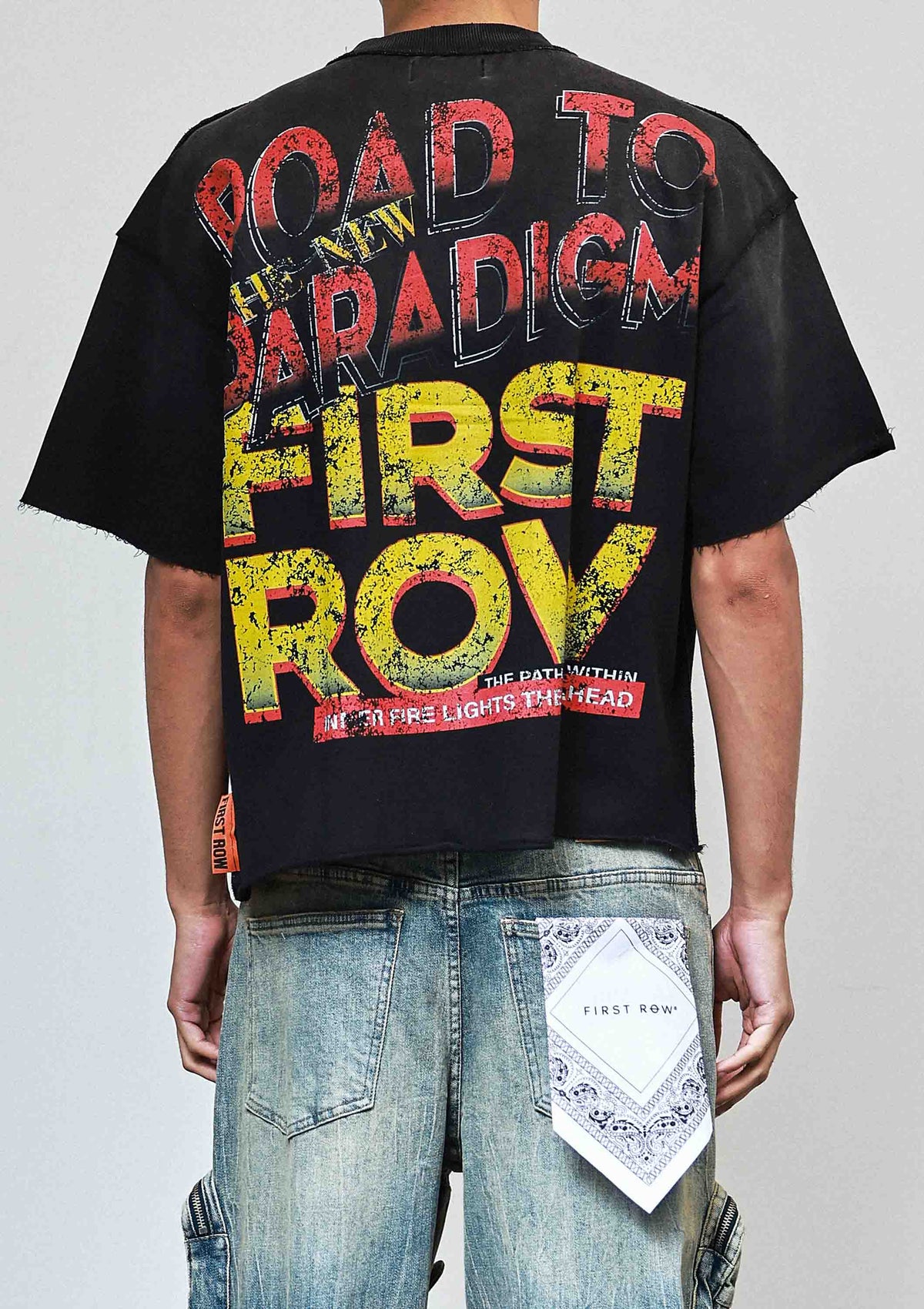 Men's black rhinestone cropped terry tee with raw edge hem