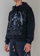 Men's black washed cotton pullover hoodie with rhinestone studded angel graphic and kangaroo pocket