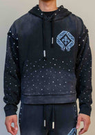 Men's black washed cotton cropped pullover hoodie with rhinestone graphic and kangaroo pocket
