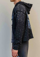 Men's black washed cotton cropped pullover hoodie with rhinestone graphic and kangaroo pocket