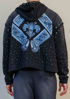 Men's black washed cotton cropped pullover hoodie with rhinestone graphic and kangaroo pocket