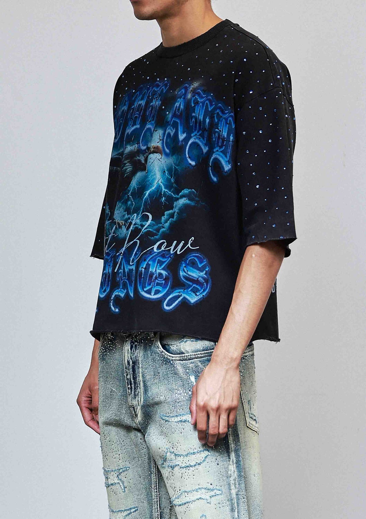 Men's black rhinestone graphic 3/4 sleeve cropped terry tee