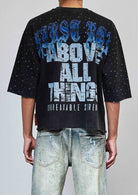 Men's black rhinestone graphic 3/4 sleeve cropped terry tee