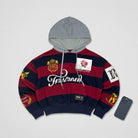 Men's burgundy cropped hoodie with rose applique, patch and embroidery details