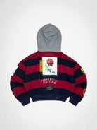 Men's burgundy cropped hoodie with rose applique, patch and embroidery details