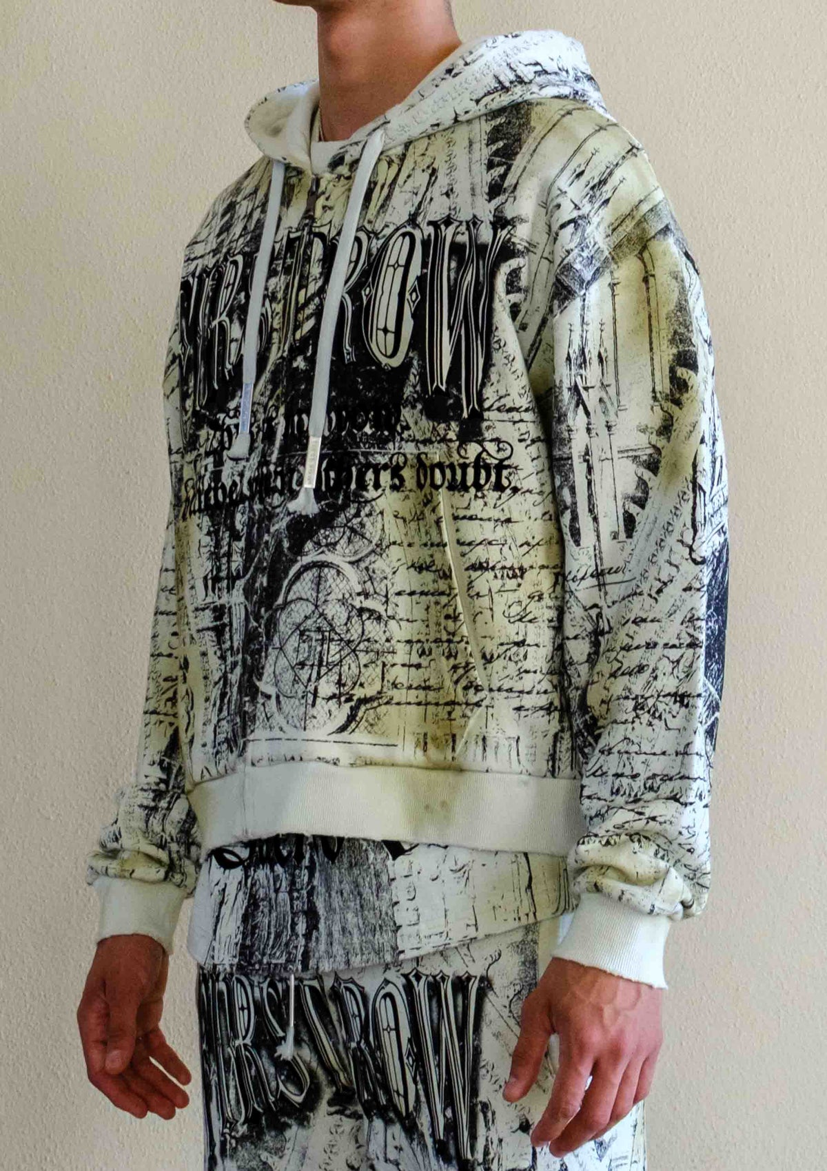 Men's celadon green washed cotton full-zip cropped hoodie with stone embellished graphic