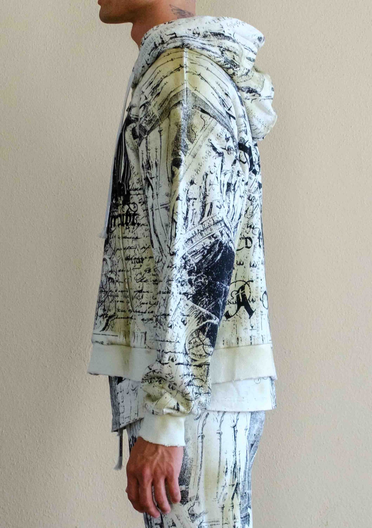 Men's celadon green washed cotton full-zip cropped hoodie with stone embellished graphic