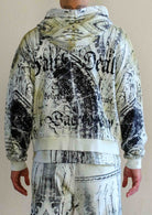 Men's celadon green washed cotton full-zip cropped hoodie with stone embellished graphic