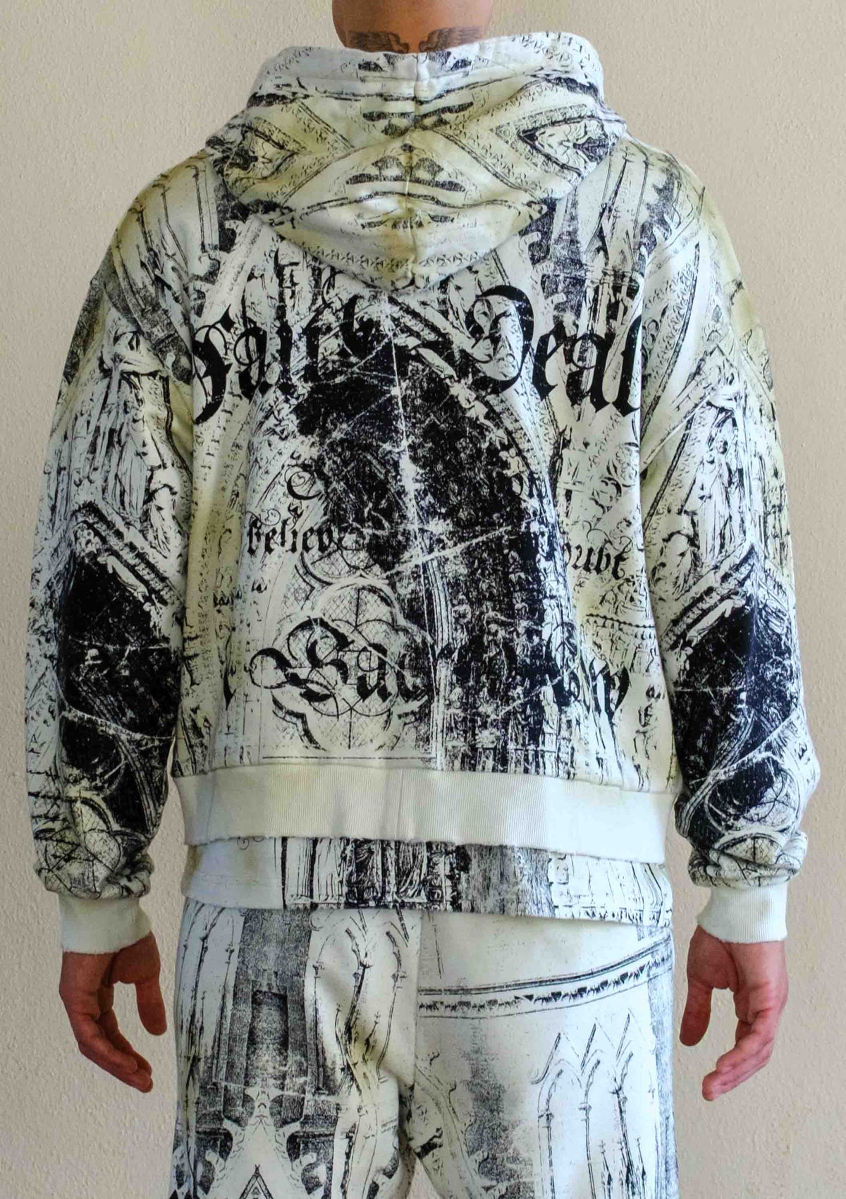 Men's celadon green washed cotton full-zip cropped hoodie with stone embellished graphic