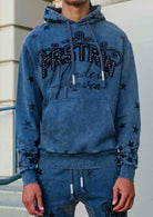 Men's dark grey washed cotton pullover hoodie with studded star graphic and kangaroo pocket