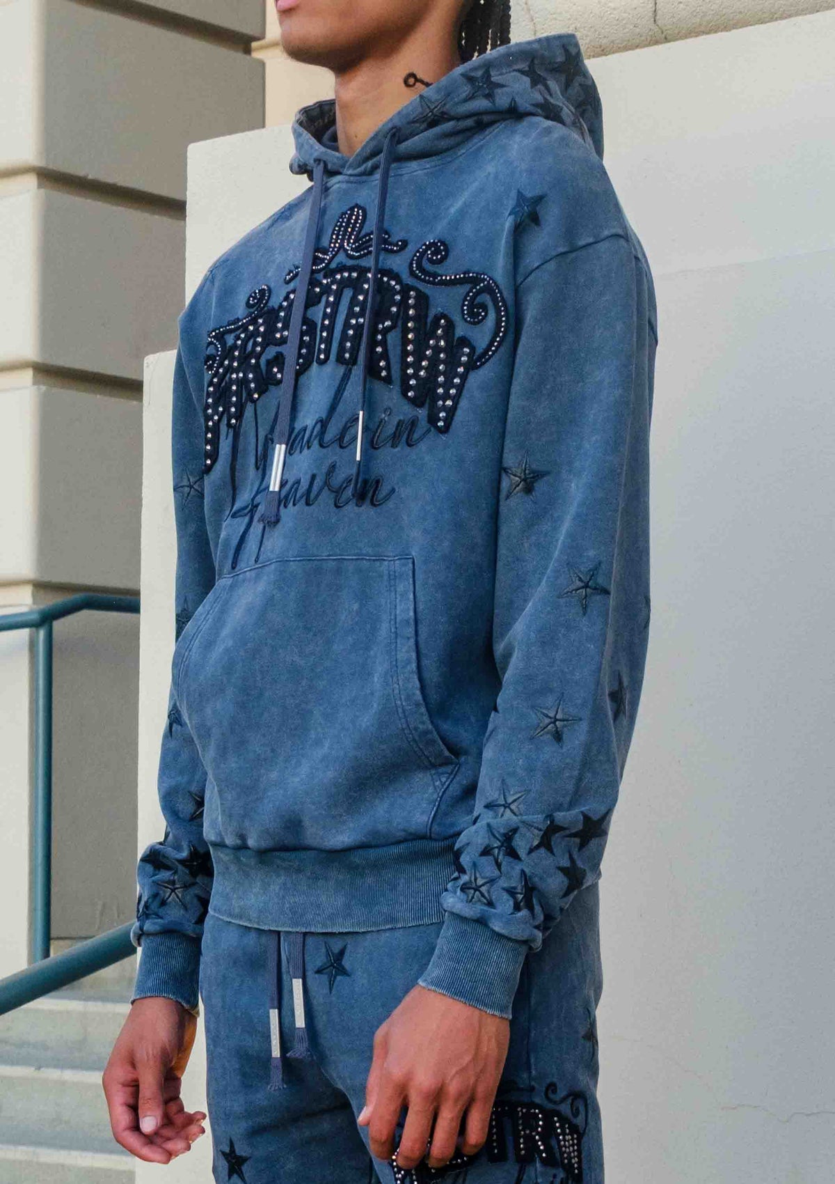 Men's dark grey washed cotton pullover hoodie with studded star graphic and kangaroo pocket