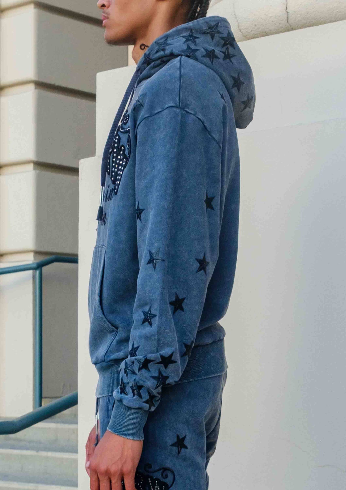 Men's dark grey washed cotton pullover hoodie with studded star graphic and kangaroo pocket
