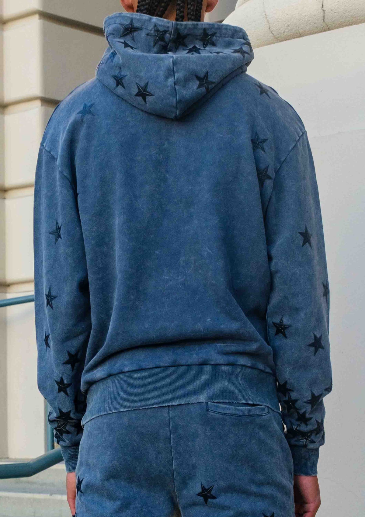 Men's dark grey washed cotton pullover hoodie with studded star graphic and kangaroo pocket