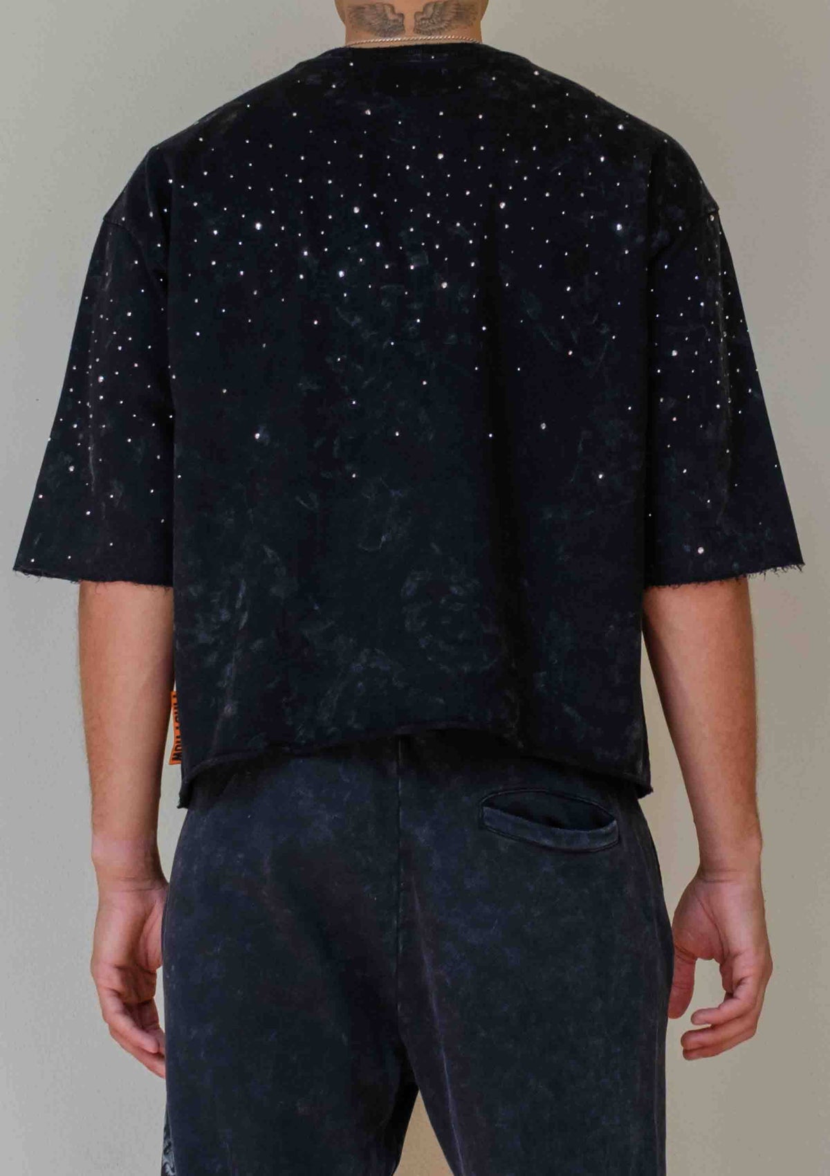 Men's black studded angel 3/4 sleeve cropped terry tee