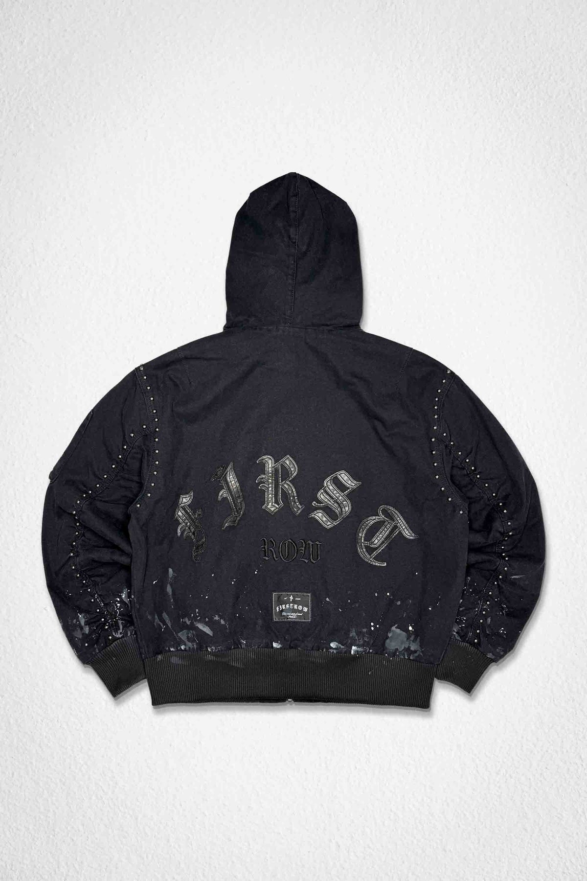 Men's black cotton canvas hooded workwear jacket with stud details