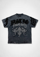 Men's dark grey washed graphic tee with studded fleur-de-lis appliqué