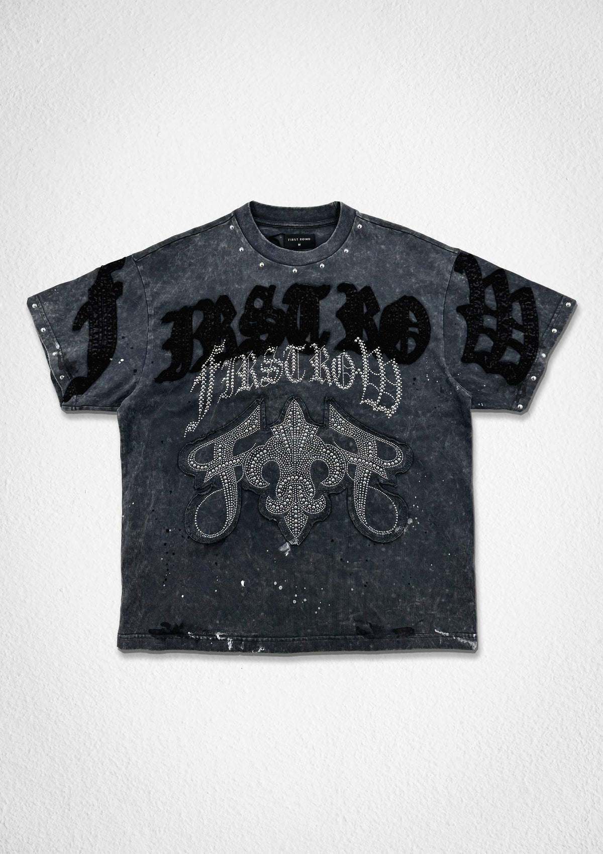 Men's dark grey washed graphic tee with studded fleur-de-lis appliqué