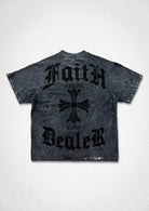 Men's dark grey washed graphic tee with studded fleur-de-lis appliqué