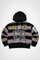 Men's black pullover hoodie with studded leather crest applique and patch details