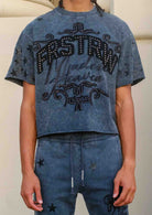Men's dark grey washed cropped tee with studded star graphic