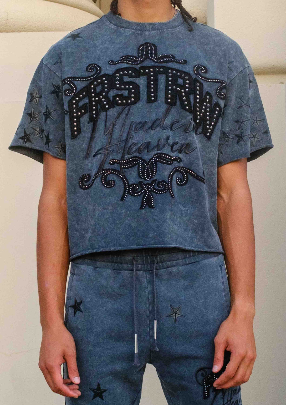 Men's dark grey washed cropped tee with studded star graphic
