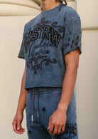 Men's dark grey washed cropped tee with studded star graphic