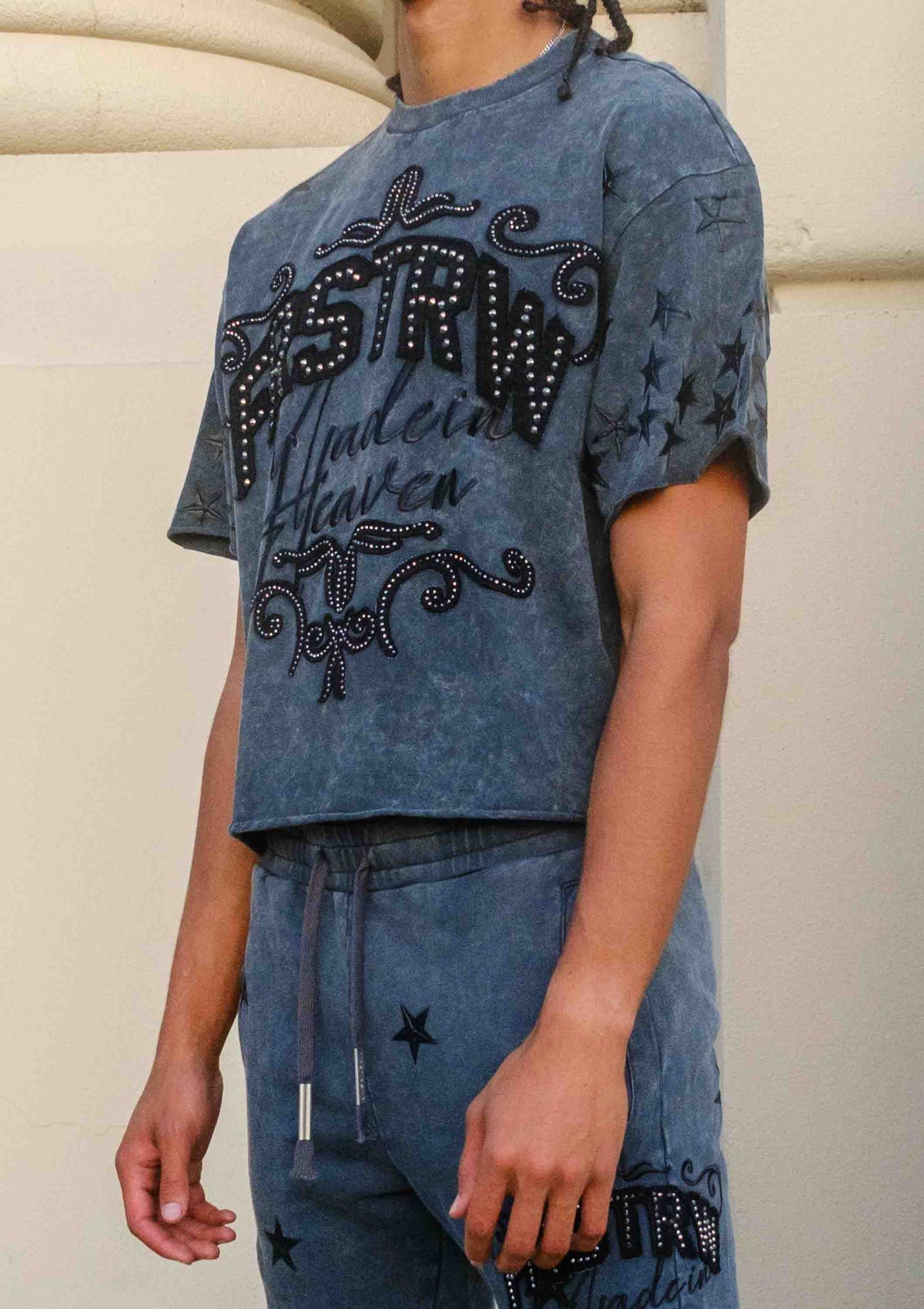 Men's dark grey washed cropped tee with studded star graphic