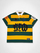 Men's yellow washed club polo with patch appliqué and embroidery